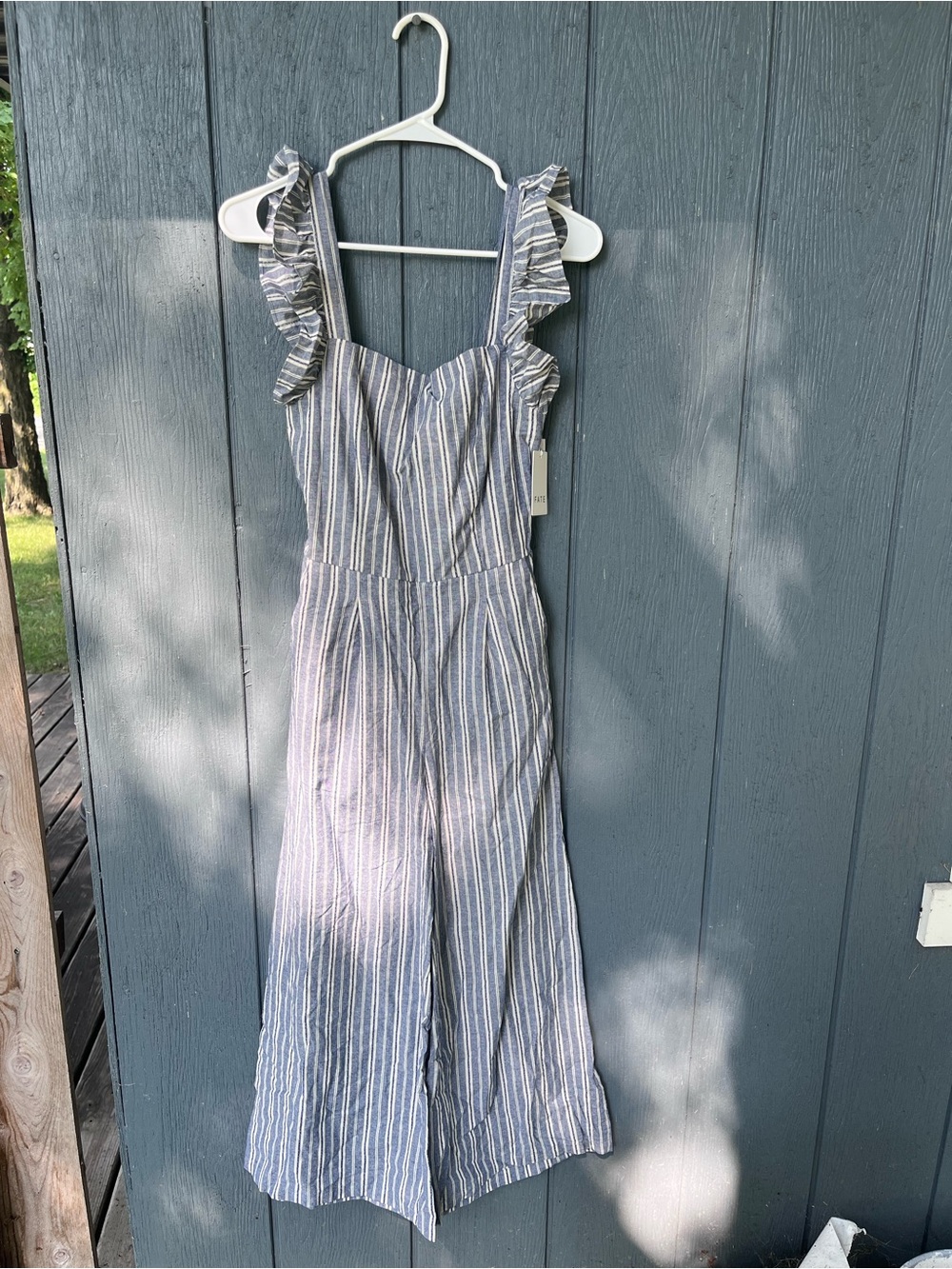 Fate NWT Blue and White Striped Ruffle Strap Jumpsuit wide leg small 100% cotton